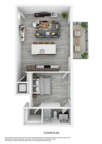 Stylish 2D floor plan showcasing 1 bedroom, an open-concept living and dining area, kitchen, and balcony.