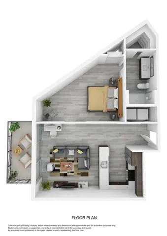 Innovative floor plan displaying 1 bedroom, a stylish open-concept living and kitchen area, and a tranquil outdoor patio space.