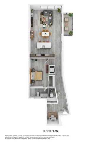 3D floor plan depicting a sleek two-bedroom apartment with an open kitchen and living room, featuring a cozy balcony.