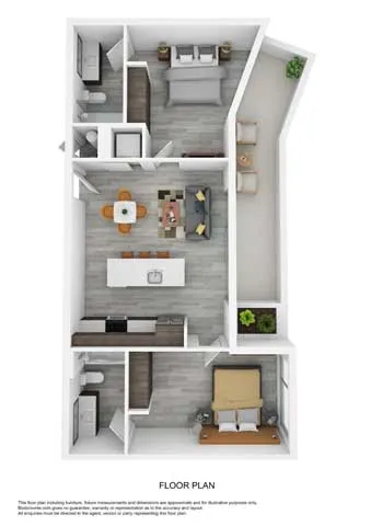 3D floor plan showcasing two bedrooms, an open-concept living area, and a sleek kitchen.