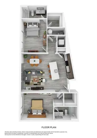 Contemporary 3D floor plan featuring 1 bedroom, an open kitchen-living area, and a modern bathroom.