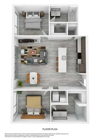 3D floor plan featuring 2 bedrooms, open-plan living and dining area, and modern kitchen with island.