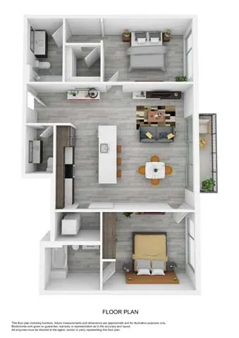 Chic floor plan depicting 2 bedrooms, an expansive open living area, and a modern kitchen with island.
