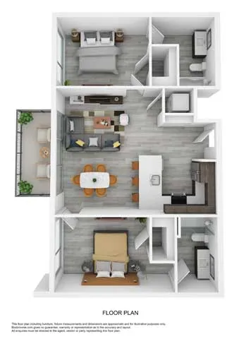 3D floor plan showcasing 2 bedrooms, open kitchen, living area, and balcony.