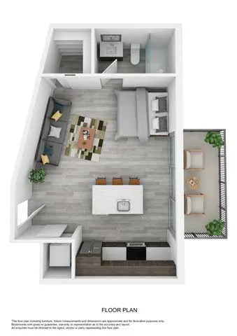 3D floor plan featuring a stylish open living area, cozy bedroom, efficient kitchen, and balcony.