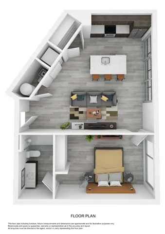 Chic 2D floor plan with an open living space, modern kitchen, and cozy bedroom.