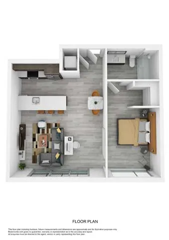 Modern 3D floor plan showing a single bedroom, open living dining area, and sleek kitchen.