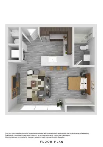 3D floor plan of a modern one-bedroom apartment with open kitchen and cozy living area.