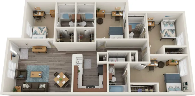 3D floor plan showcasing three bedrooms, an inviting living area, and a modern kitchen layout.