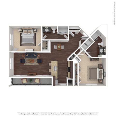 Elegant 2D floor plan featuring two spacious bedrooms, two modern bathrooms, an open living and dining area, and a contemporary kitchen with a breakfast bar.