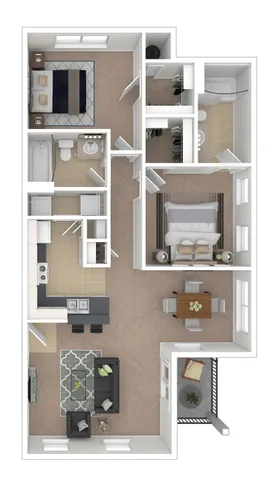 Modern apartment floor plan featuring 2 bedrooms, a spacious open-concept living and dining area, sleek kitchen with bar seating, and a cozy balcony.