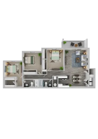 Modern apartment floor plan featuring 2 bedrooms, open-concept living area, sleek kitchen, and private balcony.