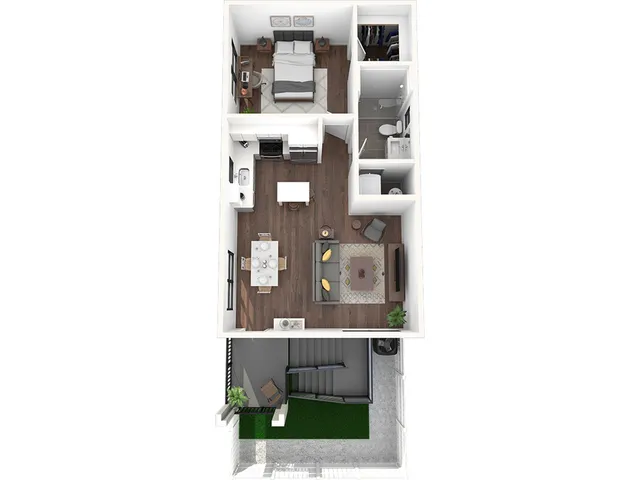 Modern apartment floor plan showcasing 1 bedroom, stylish living area, inviting kitchen, and private outdoor space.