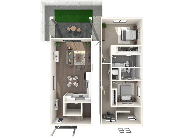Modern apartment floor plan featuring two bedrooms, open living area with stylish decor, and a charming outdoor patio.