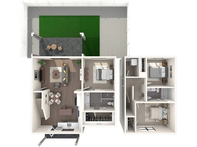 Bright 3D floor plan featuring 3 bedrooms, a cozy living room, modern kitchen, and private outdoor patio.