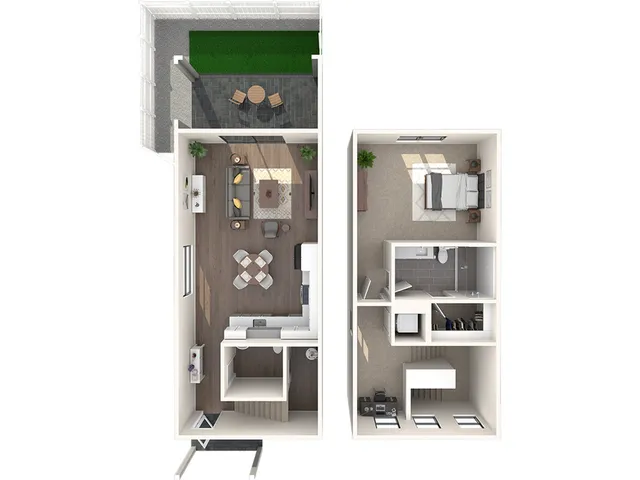 Chic 3D floor plan showcasing a modern one-bedroom layout with an elegant open-concept living area, cozy bedroom, stylish bathroom, and private outdoor patio.