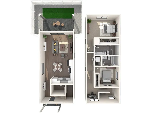 Charming 3D floor plan featuring two cozy bedrooms, a modern open-plan living area, a sleek kitchen, and a private outdoor patio for relaxing.