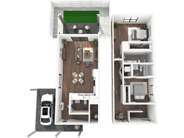 Modern 3D floor plan with 2 bedrooms, open living-dining area, patio, and garage space, ideal for comfortable living.