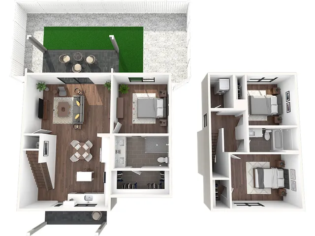 Modern 3D floor plan featuring two-story layout with 3 bedrooms, open-concept living and dining area, and private outdoor patio.