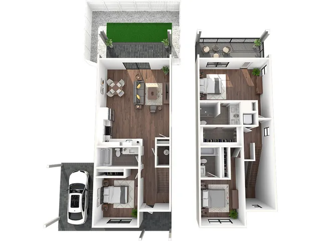 Modern two-story floor plan featuring 3 bedrooms, private balcony, and a spacious living area with a sleek kitchen. Includes a garage and a cozy outdoor patio.