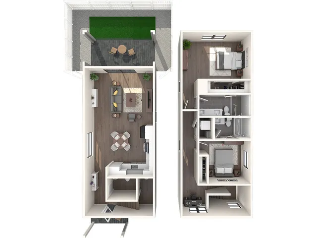 Modern 3D floor plan featuring two spacious bedrooms, a stylish living area, sleek kitchen, and cozy patio with seating.