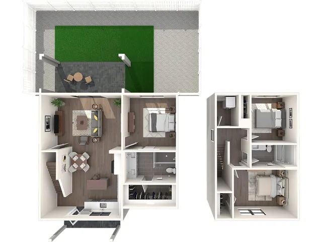 Charming two-story floor plan showcasing 3 elegant bedrooms, a modern open-concept living room, and a cozy dining area, complete with a lush outdoor patio.