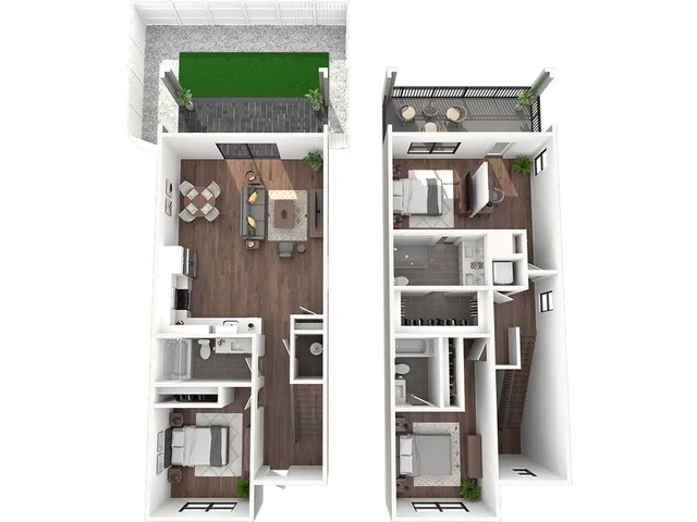 Modern two-level floor plan featuring three cozy bedrooms, an inviting open-concept living and dining area, a sleek kitchen, and private outdoor spaces.