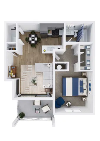 Charming 2D floor plan showcasing a cozy 1-bedroom apartment with open living area, modern kitchen, stylish bathroom, and a private balcony.
