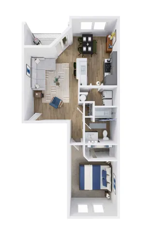 Modern 3D floor plan showcasing 1 bedroom apartment with open living and dining area, sleek kitchen, and a cozy balcony.