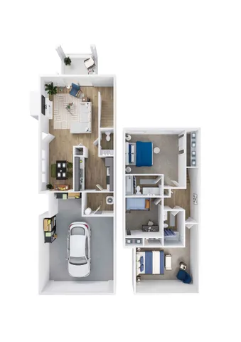 Modern 3D apartment floor plan displaying two spacious bedrooms, a cozy living room, open kitchen, and convenient garage.