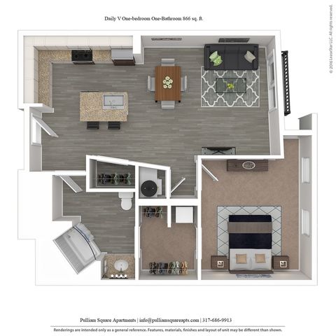 Modern one-bedroom apartment floor plan with 866 sq. ft., featuring an open-concept living and dining area, sleek kitchen, spacious bedroom, and elegant bathroom.