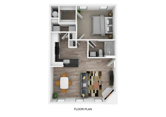 Modern 3D floor plan featuring a cozy bedroom, sleek kitchen, stylish bathroom, and open living-dining area.