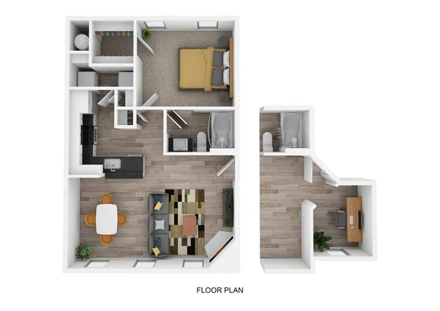 Inviting floor plan showcasing one bedroom, a modern open-concept kitchen, spacious living area, two bathrooms, and a dedicated office space.