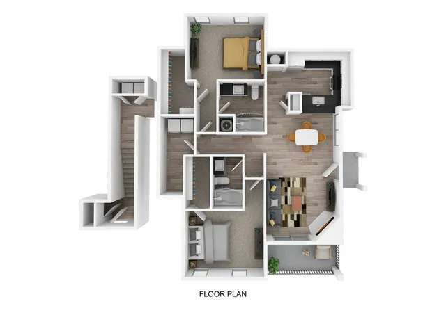 Modern 3D floor plan showcasing 2 cozy bedrooms, a spacious living room, open kitchen, 2 bathrooms, and a charming balcony.