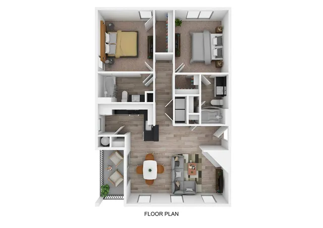 Modern floor plan featuring 2 spacious bedrooms, stylish open living and dining area, sleek kitchen, and balcony for relaxing.
