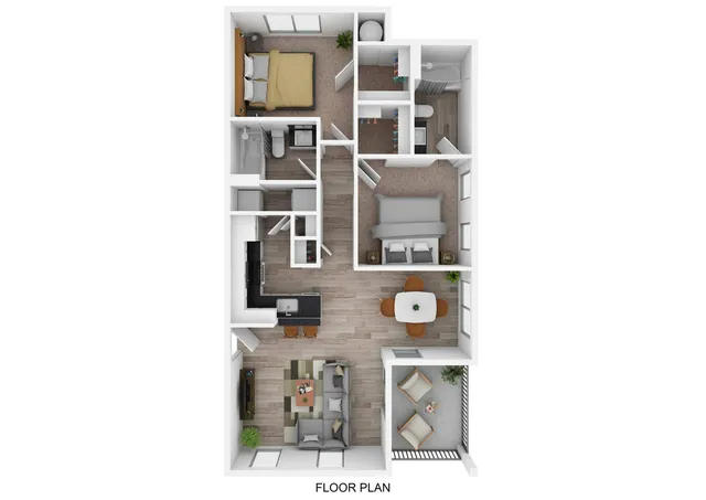 Chic floor plan showcasing 2 bedrooms, modern kitchen, cozy living area, and sunny balcony.