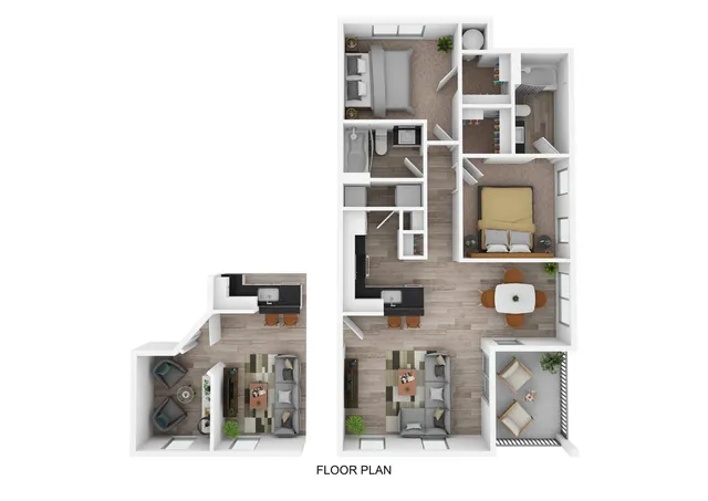 Chic floor plan showcasing two bedrooms, modern kitchen with breakfast bar, cozy living area, and inviting balcony.