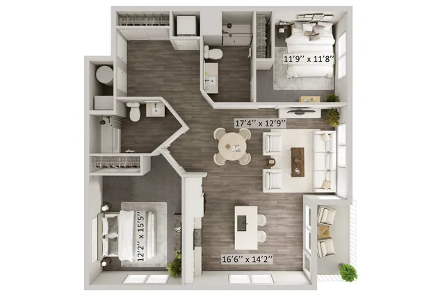 Elegant 3D floor plan showcasing 2 spacious bedrooms, open-concept living and dining area, modern kitchen, and cozy balcony.