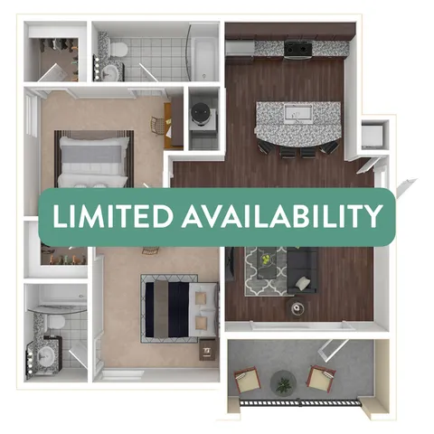 Modern 2D floor plan featuring 2 bedrooms, an open-concept kitchen with island, cozy living area, and private balcony. Limited availability highlighting a stylish and efficient layout.