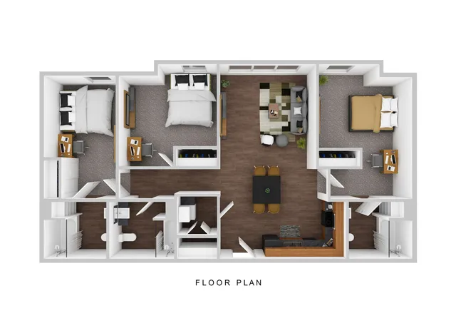 Elegant 3D floor plan showcasing 3 bedrooms, a chic living room, and a modern kitchen, ideal for comfortable family living.
