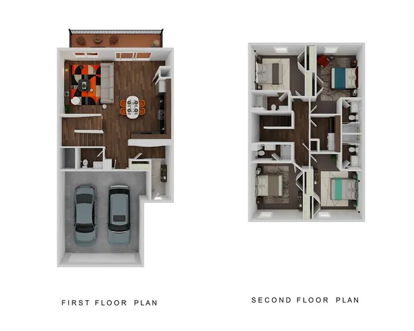 Modern two-story floor plan showcasing a ground level with an open-concept living area, kitchen, and two-car garage. Upstairs features three elegant bedrooms and two bathrooms for comfortable living.