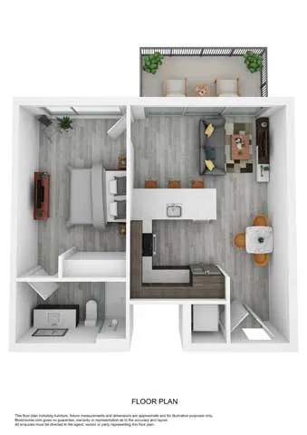 Modern 3D floor plan showcasing a spacious bedroom, elegant bathroom, open-concept living and dining area, and a cozy balcony with plants.