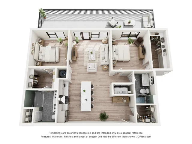 Luxurious 3D floor plan showcasing 2 spacious bedrooms, elegant open living and dining area, modern kitchen, and private balcony retreat.