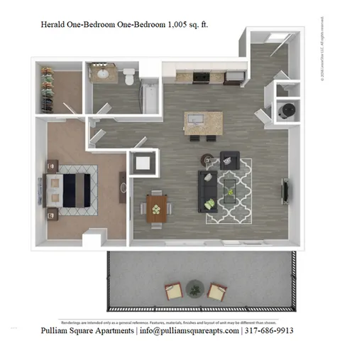Herald 1-bedroom floor plan, 1,005 sq ft, with spacious living room, modern kitchen, cozy bedroom, elegant bath, and large balcony at Pulliam Square Apartments.