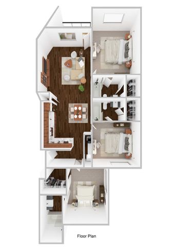 Charming floor plan showcasing two cozy bedrooms, a spacious living area, gourmet kitchen, and modern bathrooms.