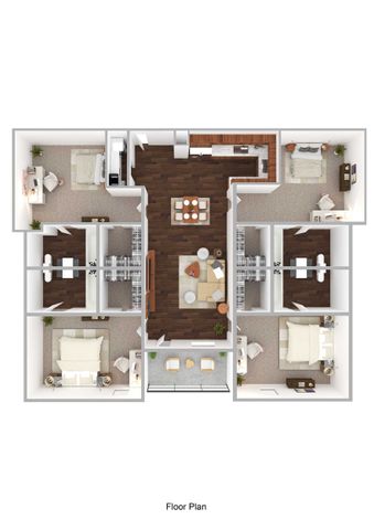 Modern 3D floor plan showcasing 3 bedrooms, a spacious open-concept living and dining area, sleek kitchen, and cozy balcony space.