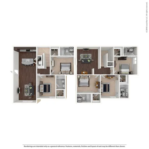 Modern 3D floor plan showcasing 3 bedrooms, elegant hardwood flooring, open-concept living and dining area, and a sleek kitchen.