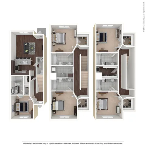 Elegant floor plan showcasing three levels, featuring 3 bedrooms, open living areas, and modern kitchens. Ideal for spacious living.