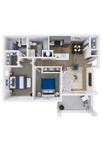 Modern 2D floor plan showcasing 2 spacious bedrooms, open-concept living and dining area, sleek kitchen, and cozy balcony space.