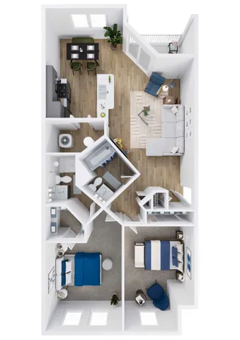 Chic floor plan showcasing two modern bedrooms, two sleek bathrooms, an open-concept kitchen, and a cozy living area with balcony access.